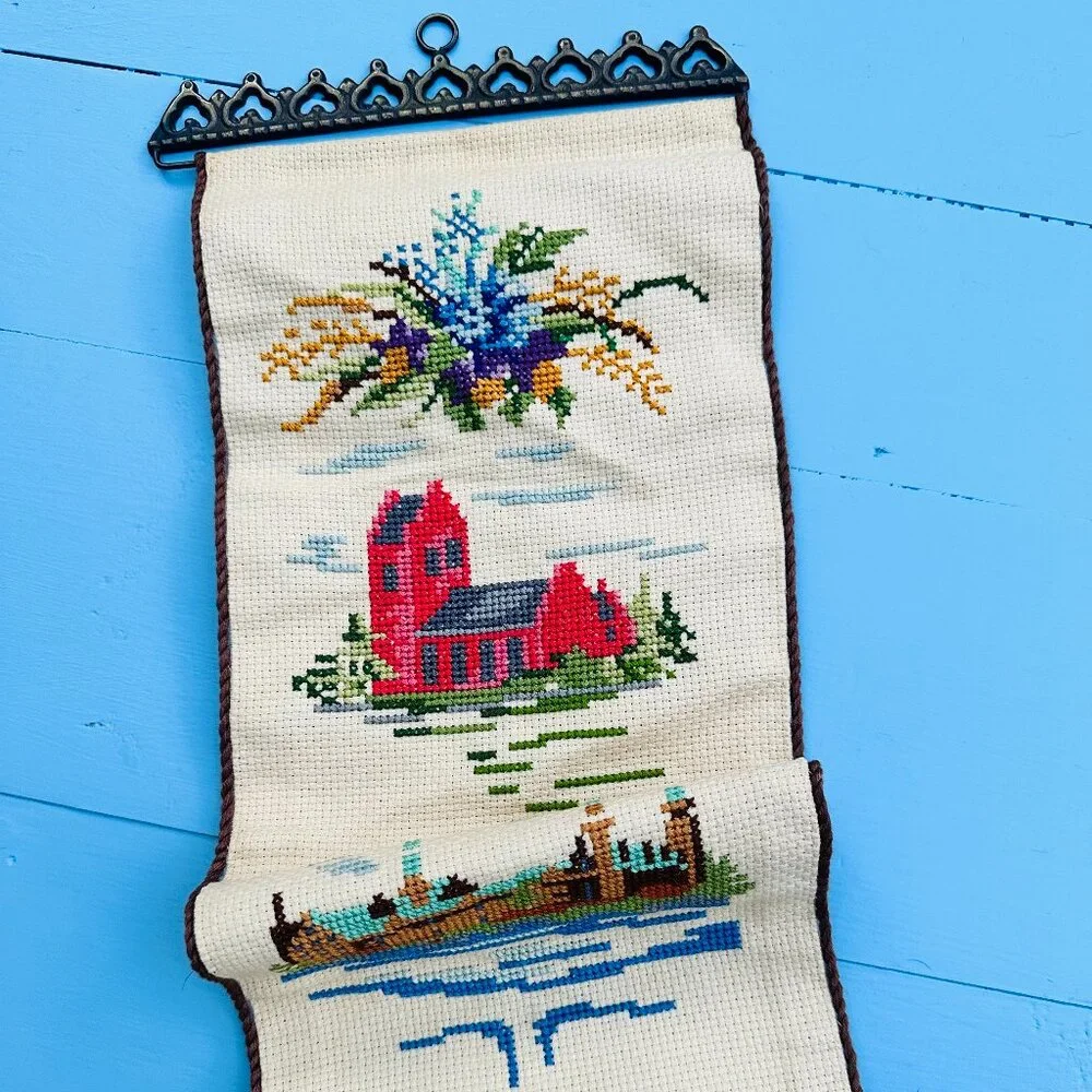 Vintage Embroidered Wall Hanging Tapestry Windmill Sailboat European Scenic 42